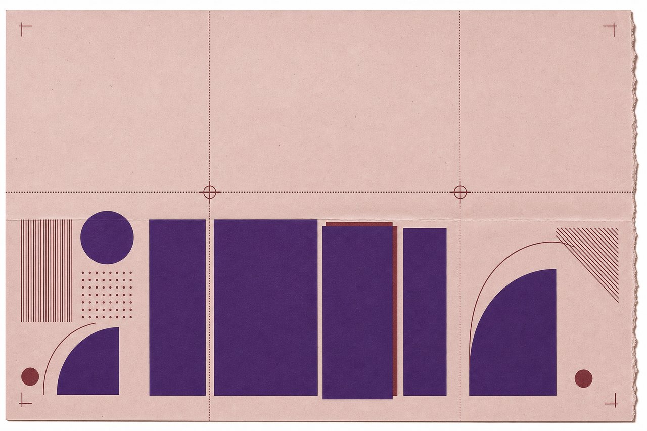 Grabado abstracto: un pliego de imposición visto en plano, marcado por un doblez horizontal y dos verticales, con una fila de rectángulos violetas de anchos distintos a modo de columnas de tipos, uno de ellos impreso ligeramente fuera de registro.