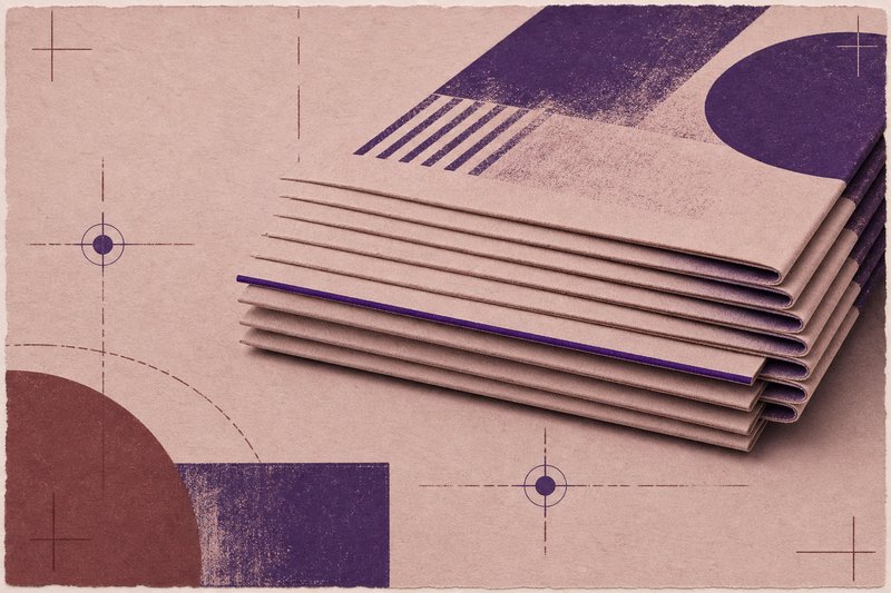 Grabado abstracto: una pila de pliegos plegados vista por el canto, con los bordes escalonados hacia el fondo y una sola hoja adelantada sobre las demás, cuyo filo recoge una línea continua de tinta violeta.